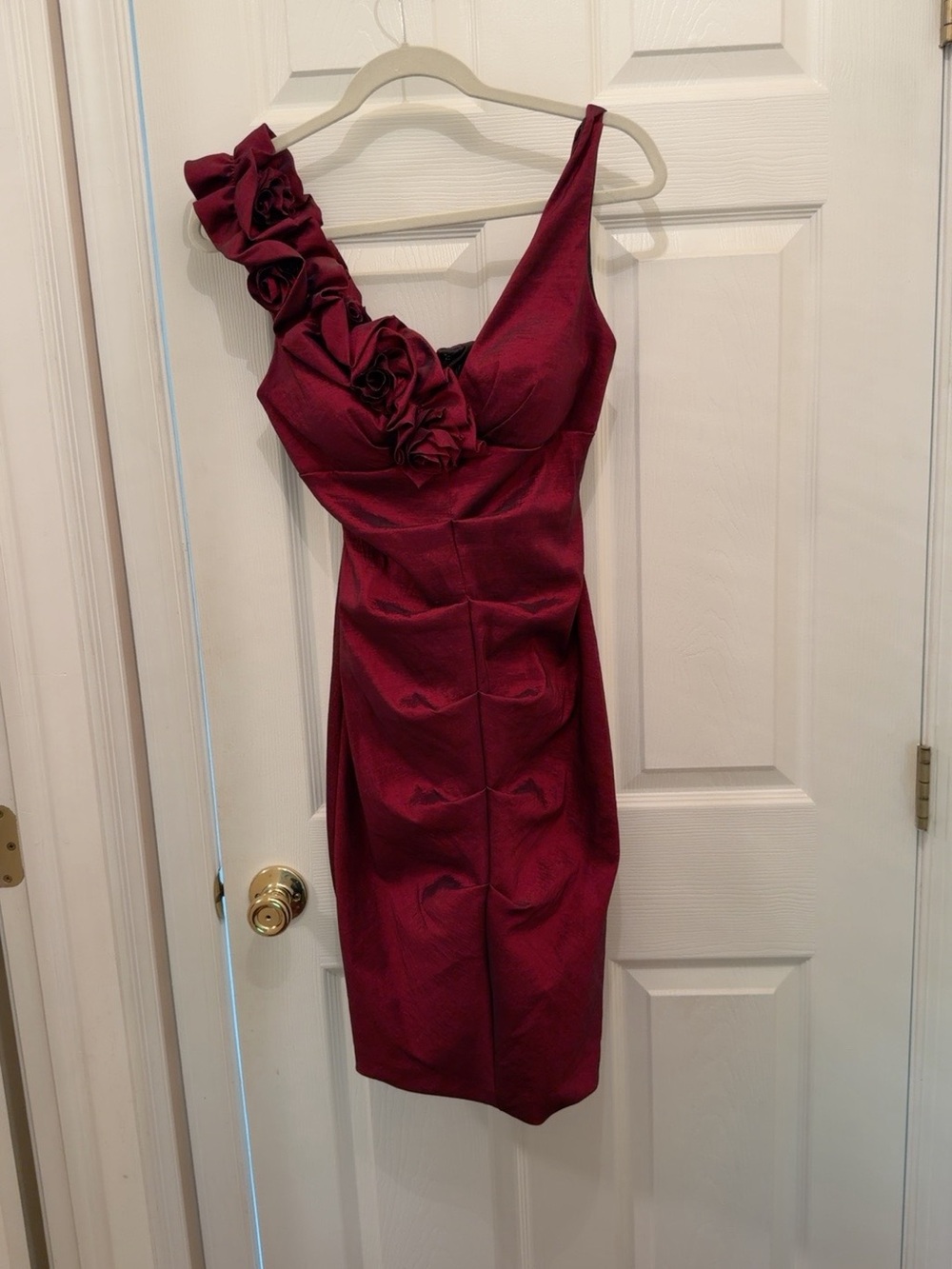 Xscape One-Shoulder Cocktail Dress with Rosette Detail in Burgundy